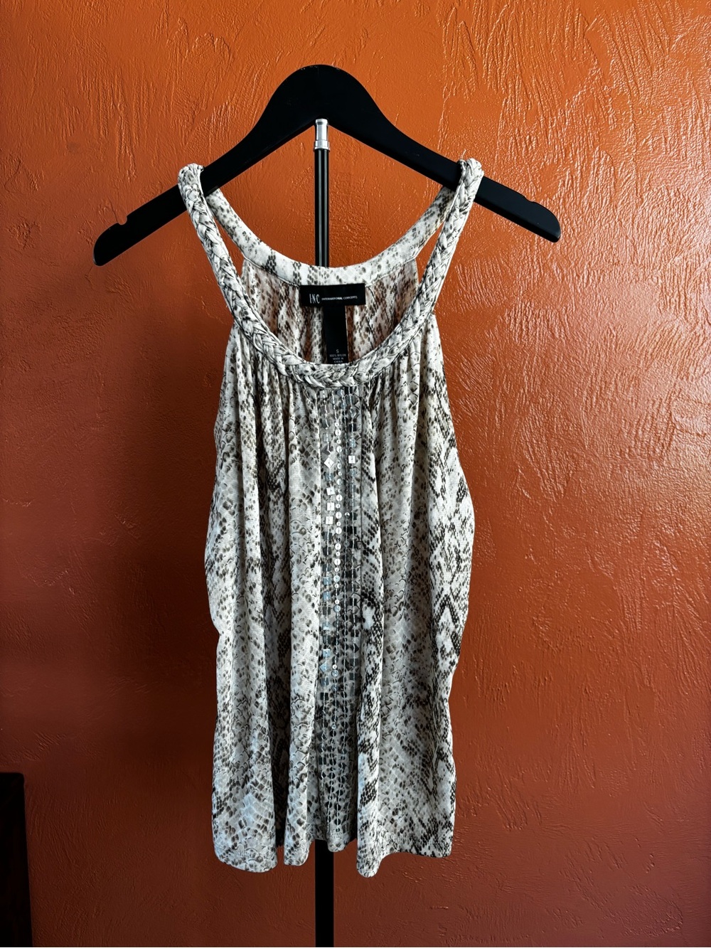 INC International Concepts Cream Snake-Print Halter Tank Size S